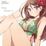  2016 adapted_costume alternate_costume amagi_(kantai_collection) arm_support bare_shoulders bikini breasts brown_eyes brown_hair character_name chromatic_aberration cleavage collarbone dated flower green_bikini hair_between_eyes hair_flower hair_ornament highres kantai_collection large_breasts long_hair midriff mole mole_under_eye ponytail signature simple_background sitting smile solo swimsuit thighs yumi_yumi 
