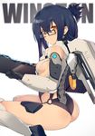 bare_shoulders black_hair bodysuit boots breasts character_name elbow_gloves eyebrows eyebrows_visible_through_hair folded_ponytail genderswap genderswap_(mtf) glasses gloves gun ishitsu_kenzou jetpack knee_boots looking_at_viewer overwatch personification revealing_clothes side_cutout sideboob sidelocks sitting small_breasts solo wariza weapon winston_(overwatch) yellow_eyes 