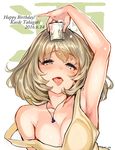  alcohol armpits bare_shoulders blue_eyes blush breasts brown_hair cleavage commentary_request dress drunk glass green_eyes heterochromia highres idolmaster idolmaster_cinderella_girls jewelry looking_at_viewer medium_breasts mole mole_under_eye necklace saliva shiokonbu short_hair smile solo takagaki_kaede tongue tongue_out 