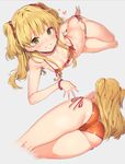  :d armpits ass bare_legs beads bikini blonde_hair blush bracelet breasts collarbone cropped_legs earrings eyebrows eyebrows_visible_through_hair eyelashes from_behind from_below green_eyes grin hair_beads hair_ornament heart idolmaster idolmaster_cinderella_girls jewelry jougasaki_rika kneepits legs_together looking_at_viewer lying multiple_views necklace on_side open_mouth orange_bikini pearl_bracelet pearl_necklace red_ribbon ribbon shiny shiny_skin side-tie_bikini small_breasts smile stud_earrings swimsuit teeth two_side_up yuran 