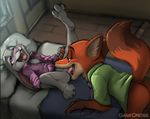  2016 anthro bed black_eyes blush bottomless canine clothed clothing cunnilingus dark_nek0gami disney duo female fox judy_hopps lagomorph lying male male/female mammal necktie nick_wilde open_mouth oral pillow purple_eyes pussy rabbit raised_leg sex shirt tongue tongue_out vaginal zootopia 
