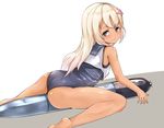  ass bad_id bad_pixiv_id blonde_hair blue_eyes crop_top elusya flower hair_flower hair_ornament highres kantai_collection long_hair one-piece_tan ro-500_(kantai_collection) sailor_collar school_swimsuit solo straddling swimsuit swimsuit_under_clothes tan tanline torpedo 