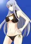  bikini black_bikini blue_background breasts cleavage groin hand_on_hip highres large_breasts long_hair looking_at_viewer navel red_eyes selvaria_bles senjou_no_valkyria senjou_no_valkyria_1 shikikakeru_tei side-tie_bikini silver_hair solo swimsuit underboob 