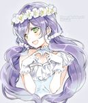  bad_id bad_twitter_id character_name dated dress flower_wreath gloves green_eyes grey_background hair_bobbles hair_ornament happy_birthday head_wreath heart heart_hands long_hair love_live! love_live!_school_idol_project low_twintails nakayama_miyuki purple_hair simple_background solo toujou_nozomi twintails white_gloves yume_no_tobira 