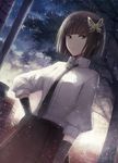  :/ angel31424 black_gloves black_neckwear brick brown_eyes brown_hair building bungou_stray_dogs butterfly_hair_ornament closed_mouth collared_shirt dutch_angle gloves hair_ornament hand_on_hip necktie outdoors shirt signature skirt solo tree white_shirt wing_collar yosano_akiko 