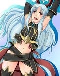  aliasse armpits bad_id bad_pixiv_id black_gloves black_legwear blue_hair elbow_gloves gloves groin highres hirose_geronimo long_hair navel open_mouth red_eyes senjou_no_valkyria senjou_no_valkyria_2 solo thighhighs 