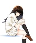  black_legwear blazer brown_footwear brown_hair closed_mouth from_side green_eyes healther highres innocent_grey jacket kara_no_shoujo kneehighs kuchiki_touko loafers long_hair long_sleeves looking_at_viewer pleated_skirt shoes simple_background sitting skirt solo white_background 