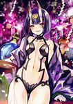  alcohol bad_id bad_pixiv_id bare_shoulders blush breasts commentary_request cup fangs fate/grand_order fate_(series) horns japanese_clothes jewelry kimono looking_at_viewer madogawa makeup midriff navel off_shoulder oni oni_horns open_mouth purple_eyes purple_hair sakazuki sake short_hair shuten_douji_(fate/grand_order) small_breasts smile solo 