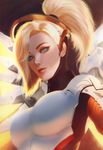  bad_artstation_id bad_id blonde_hair blue_eyes breastplate breasts eyelashes glowing glowing_wings high_collar high_ponytail highres large_breasts lips looking_at_viewer mechanical_halo mechanical_wings mercy_(overwatch) overwatch parted_lips raikoart solo upper_body wings yellow_wings 