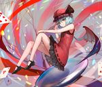  alternate_costume bare_arms bare_shoulders bat_wings blue_hair card dress full_body hat hat_ribbon highres looking_at_viewer mob_cap no_socks pointy_ears red_eyes remilia_scarlet ribbon sishenfan sleeveless sleeveless_dress smile solo touhou wings 