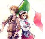 1girl ahoge axis_powers_hetalia bangs belt black_neckwear blunt_bangs blush breasts brown_eyes brown_hair capelet carrying_over_shoulder closed_mouth collared_shirt cowboy_shot cravat crossed_arms crossover glasses hand_in_pocket harukoma hat headdress holding italian_flag jacket kantai_collection large_breasts long_sleeves looking_at_viewer military military_uniform miniskirt namesake necktie pants pince-nez pink_shirt pleated_skirt pocket pout red_skirt roma_(kantai_collection) shirt short_hair side-by-side skirt smile southern_italy_(hetalia) uniform white_background wind 