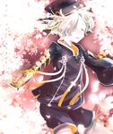  armor cherry_blossoms cimeri closed_eyes gokotai hair_over_one_eye hat japanese_armor kiwame_(touken_ranbu) kote male_focus petals shorts smile solo touken_ranbu white_hair 