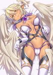  bed_sheet breasts brown_eyes cleavage feathered_wings hawe_king lilith_(shinrabanshou) looking_at_viewer lying medium_breasts multiple_wings navel pointy_ears shinrabanshou short_hair silver_hair smile solo wings 