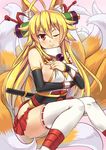  ahoge animal_ears blonde_hair breasts fox_ears fox_tail hawe_king headgear izuna_(shinrabanshou) large_breasts long_hair looking_at_viewer multiple_tails one_eye_closed orange_eyes pleated_skirt scroll shinrabanshou skirt smile solo tail thighhighs white_legwear 