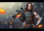  absurdres aqie blue_eyes brown_hair captain_america_the_winter_soldier cyborg gun hand_on_hip highres james_buchanan_barnes letterboxed long_hair male_focus marvel mechanical_arm solo weapon winter_soldier 