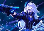 armor bad_id bad_pixiv_id black_armor blue blue_background blue_eyes chain ciel_(elsword) covered_mouth demonio_(elsword) dual_wielding elsword highres holding horn hwansang jacket long_hair male_focus pale_skin pointy_ears solo sword weapon white_hair 