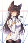  1girl :q animal_ears atago_(azur_lane) azur_lane black_legwear blush breasts brown_hair extra_ears eyebrows_visible_through_hair garter_straps gloves hair_between_eyes hair_ribbon highres large_breasts long_hair long_sleeves maett military military_uniform ribbon solo thighhighs tongue tongue_out uniform white_gloves white_ribbon 