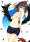  black_hair black_wings blush boots breasts brown_footwear closed_mouth denim denim_shorts feathers finger_to_mouth hat looking_at_viewer medium_breasts mikagemaru_(mikage000) navel nipples pom_pom_(clothes) red_eyes shameimaru_aya short_hair shorts simple_background smile solo tokin_hat topless touhou wings 
