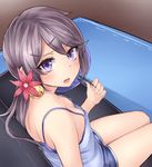  akebono_(kantai_collection) alternate_costume bangs bell blush breasts camisole couch downblouse eyebrows eyebrows_visible_through_hair fan flower hair_bell hair_flower hair_ornament hairclip highres jingle_bell kantai_collection long_hair looking_at_viewer md5_mismatch neit_ni_sei no_bra paper_fan purple_eyes purple_hair resized rug short_shorts shorts side_ponytail sitting sleeveless small_breasts solo spaghetti_strap sweat tsurime uchiwa upscaled 