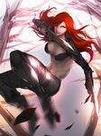  a-line belt black_bra black_footwear black_jacket black_pants blurry boots bra breasts cropped_jacket debris depth_of_field dual_wielding floating_hair glint gloves highres holding holding_sword holding_weapon jacket katarina_du_couteau large_breasts league_of_legends lens_flare long_hair looking_at_viewer midriff motion_blur navel outstretched_arm pants red_hair red_lips ribs scar scar_across_eye shade short_sword smile solo stomach sword thigh_strap underwear weapon yellow_eyes 