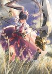  archery arrow asano_kyouji boots bow_(weapon) cloud flower full_body gloves grass hair_flower hair_ornament hakama highres holding holding_weapon japanese_clothes koutetsujou_no_kabaneri kyuudou long_hair outdoors partly_fingerless_gloves ponytail purple_eyes purple_hair sash single_glove sky solo standing weapon yomogawa_ayame yugake 