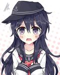  akatsuki_(kantai_collection) bad_anatomy black_hair blush clenched_hands commentary hat highres kantai_collection kvlen long_hair looking_at_viewer open_mouth purple_eyes school_uniform serafuku sideways_hat solo squiggle upper_body 
