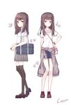  absurdres bag black_legwear breasts brown_eyes brown_hair clothes_around_waist dual_persona eyebrows_visible_through_hair hand_on_hip highres litsvn loafers long_hair looking_at_viewer multiple_views original school_bag school_uniform shoes small_breasts thighhighs 