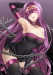  arm_up armpits artist_name bare_shoulders black_gloves black_legwear blindfold breasts chain cleavage collar collarbone facial_mark fate/stay_night fate_(series) forehead_mark gloves hair_intakes kagami_com large_breasts leaning_forward long_hair looking_at_viewer nameless_dagger one_eye_covered parted_lips pink_eyes purple_hair rider simple_background smile solo thighhighs very_long_hair 