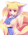  :o animal_ears armpits bare_shoulders blonde_hair blush breast_hold breasts commentary_request fox_ears fox_tail groin large_breasts liya multiple_tails naked_tabard no_hat no_headwear short_hair sideboob sleeveless solo tabard tail touhou upper_body yakumo_ran yellow_eyes 