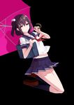  absurdres bag brown_hair full_body hair_ornament highres miniskirt original pleated_skirt purple_eyes school_uniform serafuku side_ponytail skirt socks solo umbrella yueye_(blbl-y) 