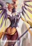  artist_name ass banned_artist blonde_hair blue_eyes bodysuit headgear holding holding_staff loincloth looking_back mechanical_wings mercy_(overwatch) overwatch pantyhose parted_lips pink_lips ponytail profile red_legwear short_hair solo staff transparent walking watermark web_address wings yellow_wings yinan_cui 