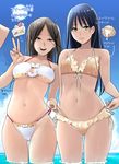  :d aqua_eyes bangs bikini black_hair blue_sky blush bow_bikini breasts brown_hair cake cream_puff day fingernails food food_themed_clothes freckles frilled_bikini frills from_below green_eyes hayakawa_pao height_difference large_breasts light_smile long_hair looking_at_viewer multiple_girls nail_polish navel ocean open_mouth original outdoors parted_bangs purple_eyes purple_nails side-by-side sky smile strap_lift sun swimsuit tan tanline teeth v wading water wet 