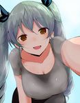  :d anchovy bent_over black_ribbon blue_background blush breasts brown_eyes cleavage collarbone girls_und_panzer grey_shirt hair_ribbon han_(jackpot) hanging_breasts large_breasts long_hair looking_at_viewer open_mouth outstretched_arm reaching_out ribbon self_shot shirt short_sleeves silver_hair simple_background smile solo standing twintails upper_body very_long_hair water water_drop wet wet_clothes wet_shirt 