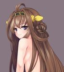  ahoge antennae armpits blush brown_hair commentary_request grey_eyes kantai_collection kongou_(kantai_collection) long_hair looking_at_viewer looking_back nude skirt smile solo utakata_(kochou_no_yume) very_long_hair 