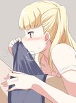  1girl bangs bare_shoulders blonde_hair blunt_bangs blush boxer_briefs breasts breath bulge cleavage erection erection_under_clothes fellatio hetero kichihachi long_hair male_underwear oral red_eyes small_breasts strap_slip sweat tokyo_7th_sisters two_side_up uesugi_u_kyouko underwear 