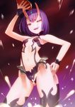  :d akisa_(12023648) alcohol ass_visible_through_thighs bangs breasts cowboy_shot cup eyebrows eyebrows_visible_through_hair fangs fate/grand_order fate_(series) from_below gem hair_ornament hand_on_hip hand_up highres holding horns jewelry money money_hold motion_blur navel oni oni_horns open_mouth purple_eyes purple_hair revealing_clothes sakazuki sake short_hair shuten_douji_(fate/grand_order) small_breasts smile solo suggestive_fluid 