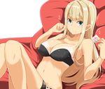  alessandra_susu bangs bare_arms bare_shoulders bikini black_bikini blonde_hair blue_eyes blunt_bangs breasts cleavage closed_mouth collarbone condom condom_wrapper eyebrows eyebrows_visible_through_hair heart holding holding_condom kichihachi knees_up large_breasts long_hair looking_at_viewer lying navel on_back pillow solo stomach strapless strapless_bikini swimsuit tan tanline thigh_strap tokyo_7th_sisters 