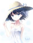  2016 arm_behind_back bare_shoulders black_hair blue_eyes collarbone dated dress hand_on_headwear hat hat_ribbon looking_at_viewer makadamixa original ribbon short_hair signature smile solo straw_hat sundress upper_body white_dress wind 