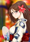  amagi_(kantai_collection) breasts brown_eyes brown_hair eyebrows eyebrows_visible_through_hair flower hair_flower hair_ornament kantai_collection large_breasts long_hair looking_at_viewer looking_to_the_side mokerou ponytail solo 