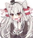  amatsukaze_(kantai_collection) blush clenched_hands gloves grey_hair hair_tubes hairband heart highres kantai_collection kvlen long_hair open_mouth single_glove solo two_side_up upper_body yellow_eyes 