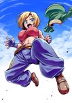  baggy_pants bare_shoulders belt blonde_hair blue_eyes blue_mary crop_top fatal_fury fingerless_gloves gloves halter_top halterneck highres jacket midriff navel open_mouth pants short_hair solo straight_hair the_king_of_fighters tsuki_wani 