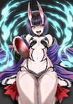  alcohol bare_shoulders cup eyebrows eyebrows_visible_through_hair fangs fate/grand_order fate_(series) horns isse japanese_clothes kimono looking_at_viewer navel oni oni_horns open_mouth pale_skin pouring purple_eyes purple_hair sakazuki sake shaded_face short_hair shuten_douji_(fate/grand_order) sitting solo tongue tongue_out wakamezake wariza 