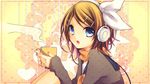  drink female headphones kagamine_rin kuroi_(liar-player) scarf solo vocaloid yellow 
