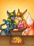  anthro bent_over blonde_hair blue_eyes blush breasts canine cleavage clothed clothing duo evil-rick feline female food fox hair mammal one_eye_closed pizza skimpy underwear voluptuous wide_hips yellow_eyes 