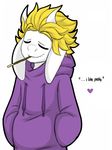  &lt;3 anthro asgore_dreemurr blonde_hair clothed clothing dialogue english_text eyes_closed friisans hair hoodie pocky simple_background solo switchtale text underswap undertale video_games white_background 