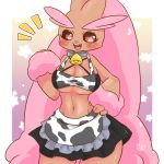  animal_print anthro big_breasts bottomwear breasts cleavage clothed clothing cow_print cowbell female fur hand_on_hip lopunny mochimochi39mo nintendo pink_body pink_fur pok&eacute;mon pok&eacute;mon_(species) shiny_pok&eacute;mon skirt video_games 