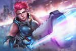  abigail_diaz artist_name backlighting breasts energy_gun eyebrows gloves green_eyes large_breasts lips looking_at_viewer muscle muscular_female nose overwatch pink_hair realistic scar short_hair signature sleeveless solo tattoo undercut upper_body weapon zarya_(overwatch) 