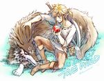  apple blonde_hair blue_eyes copyright_name crossover dual_persona eating food fruit full_body grass grin link link_(wolf) male_focus md5_mismatch pointy_ears scabbard sheath shield sitting smile sword tak_(karasuki) the_legend_of_zelda the_legend_of_zelda:_breath_of_the_wild the_legend_of_zelda:_twilight_princess weapon wolf 