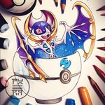  ambiguous_gender blue_body colored_pencil colored_pencil_(artwork) cup legendary_pok&eacute;mon lunala marker marker_(artwork) nintendo pink_sclera pok&eacute;ball pok&eacute;mon purple_body py3rr smile solo traditional_media_(artwork) video_games white_body white_iris yellow_body 