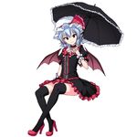  alternate_costume bat_wings black_dress black_legwear blue_hair blush choker criss-cross_halter dress frills full_body halterneck hat hat_ribbon head_tilt high_heels holding holding_umbrella invisible_chair junior27016 looking_at_viewer mob_cap parasol pointy_ears puffy_short_sleeves puffy_sleeves red_eyes red_footwear remilia_scarlet ribbon shoes short_hair short_sleeves simple_background sitting smile solo thighhighs touhou umbrella white_background wings wrist_cuffs 